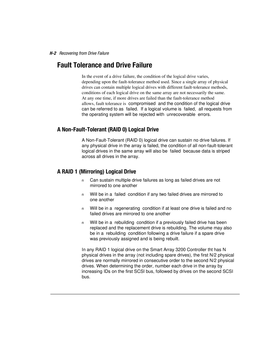 Compaq 3200 Fault Tolerance and Drive Failure, Non-Fault-Tolerant RAID 0 Logical Drive, RAID 1 Mirroring Logical Drive 