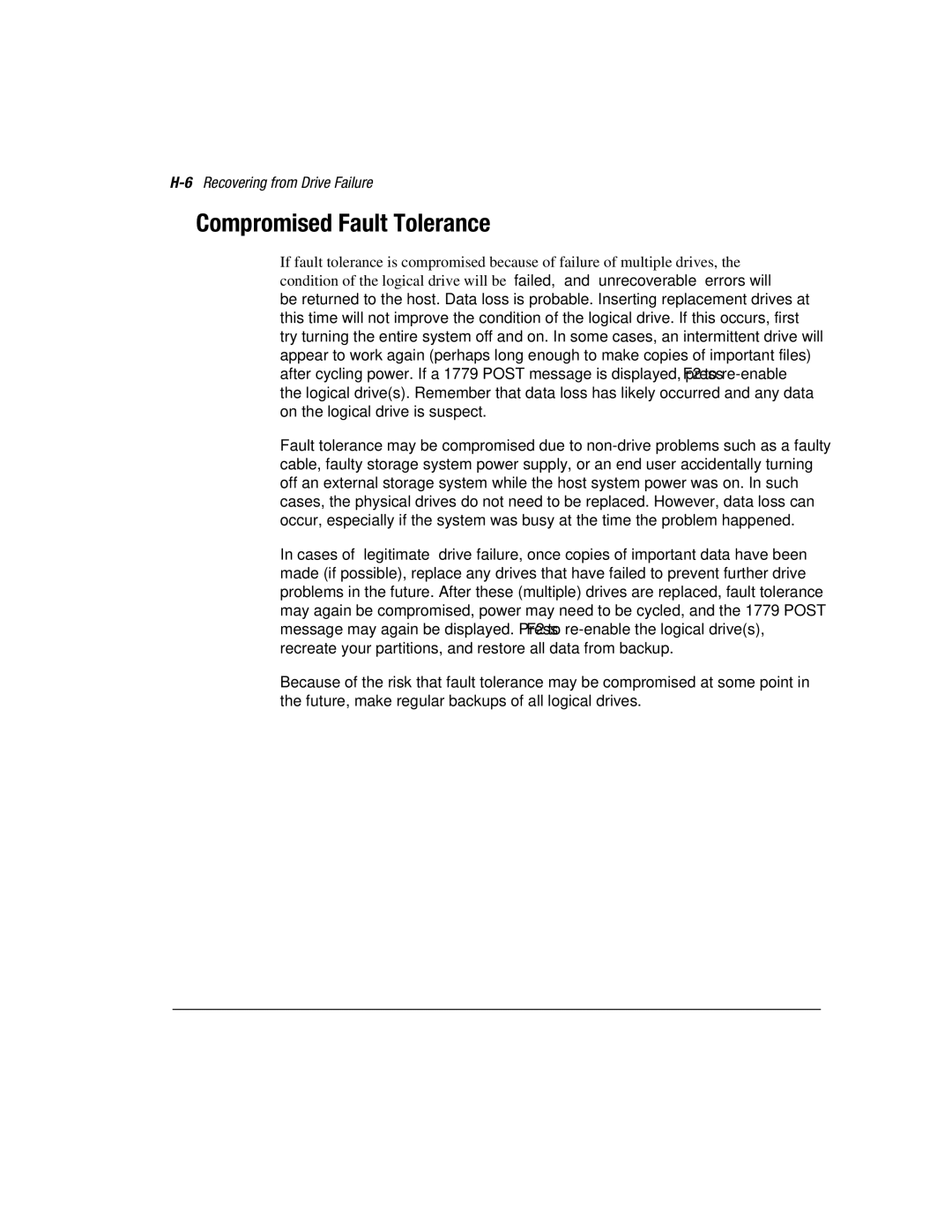 Compaq 3200 manual Compromised Fault Tolerance, 6Recovering from Drive Failure 