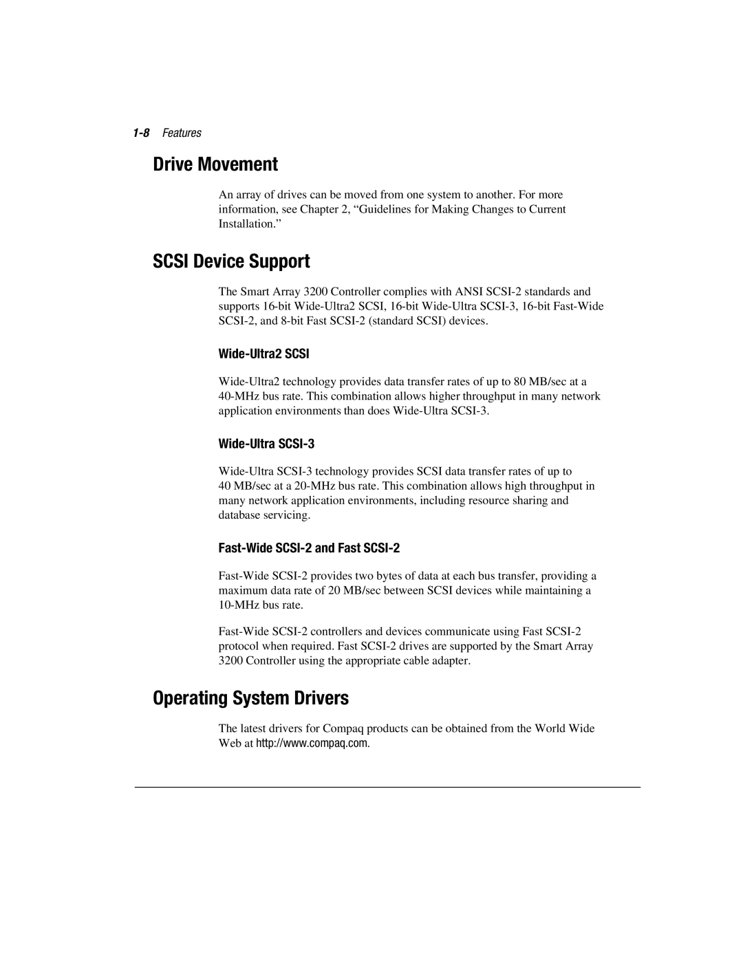 Compaq 3200 manual Drive Movement, Scsi Device Support, Operating System Drivers 