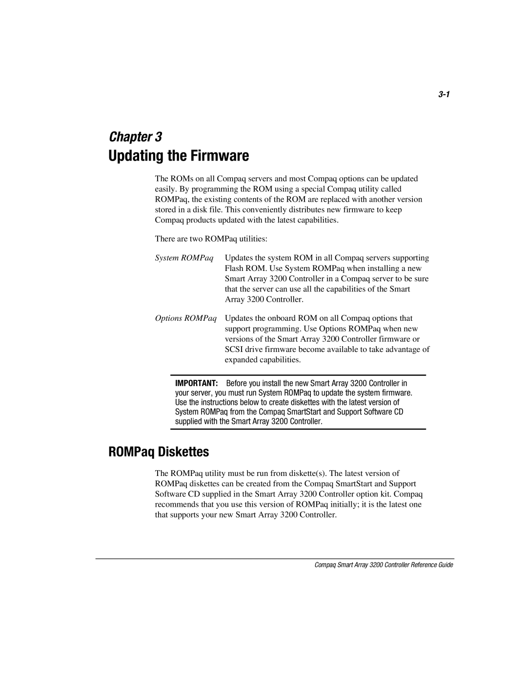 Compaq 3200 manual Updating the Firmware, ROMPaq Diskettes 