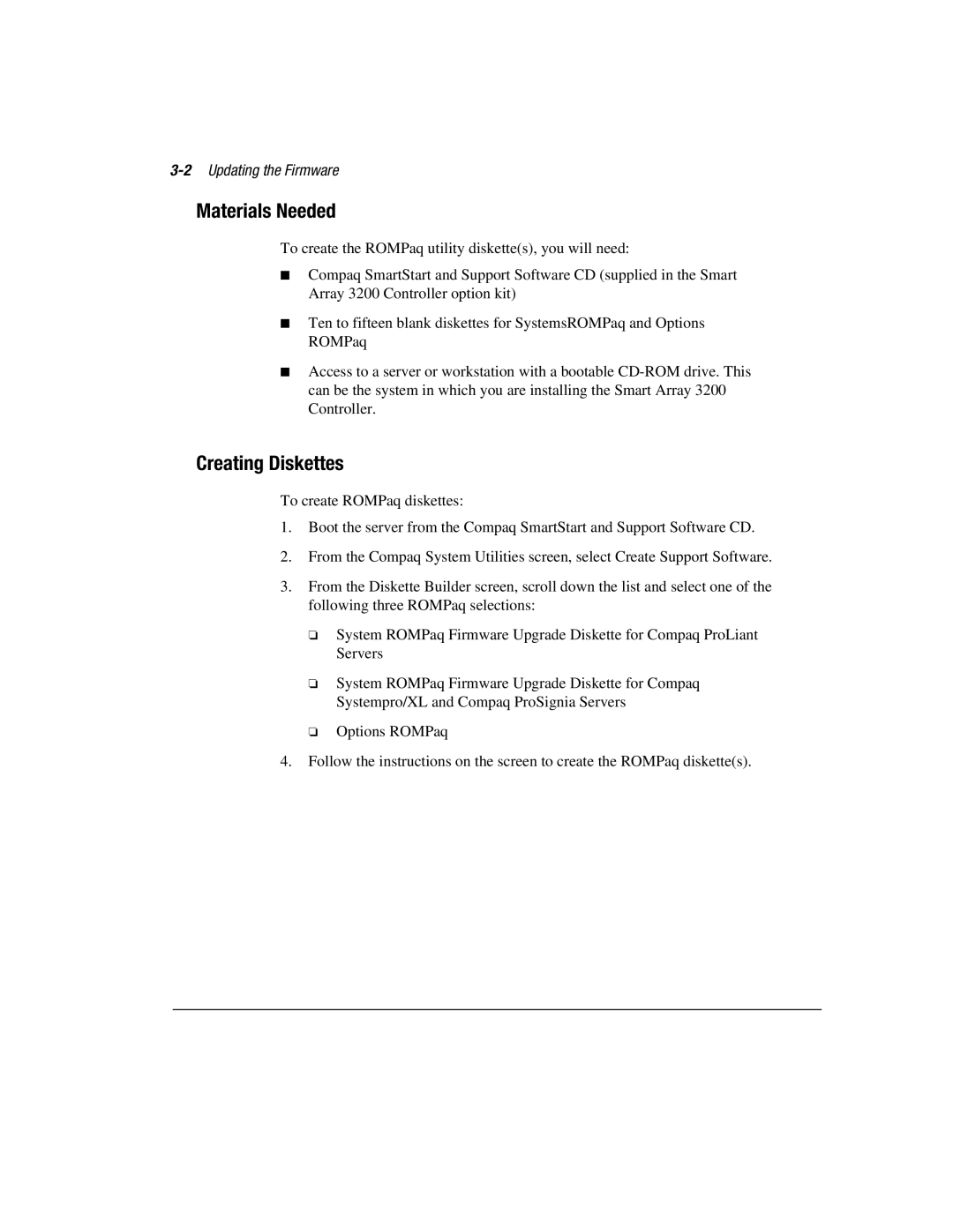 Compaq 3200 manual Materials Needed, Creating Diskettes, 2Updating the Firmware 