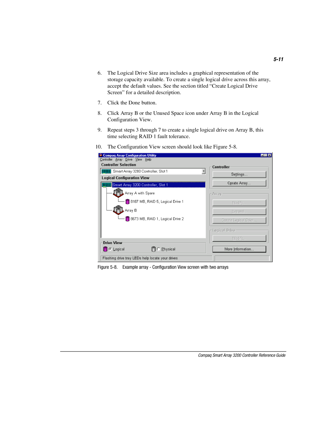 Compaq 3200 manual Example array Configuration View screen with two arrays 