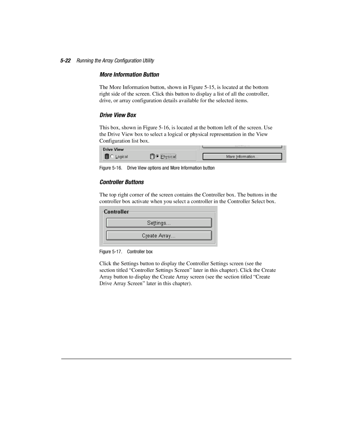 Compaq 3200 manual More Information Button, Drive View Box, Controller Buttons, 22Running the Array Configuration Utility 