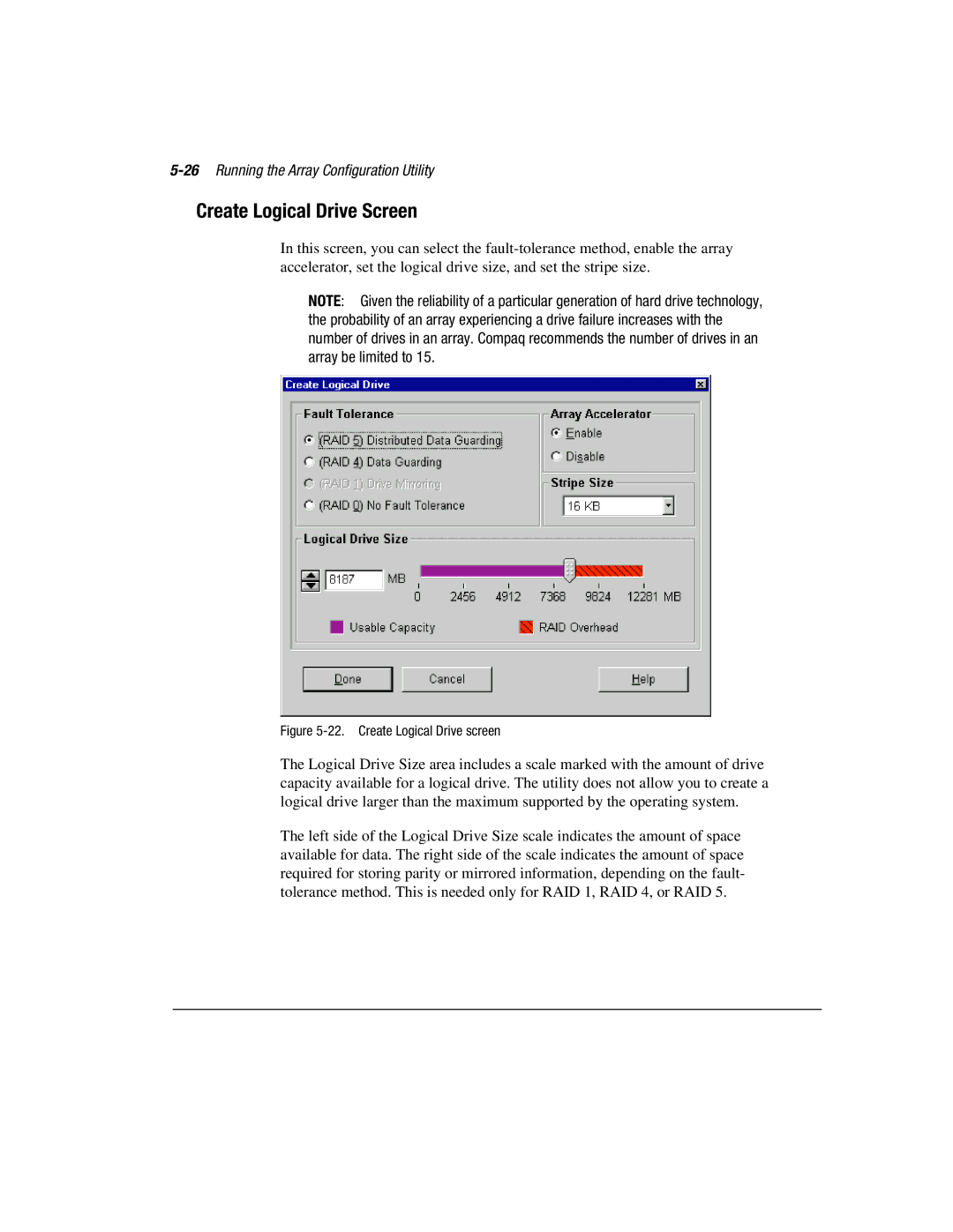 Compaq 3200 manual Create Logical Drive Screen, 26Running the Array Configuration Utility 