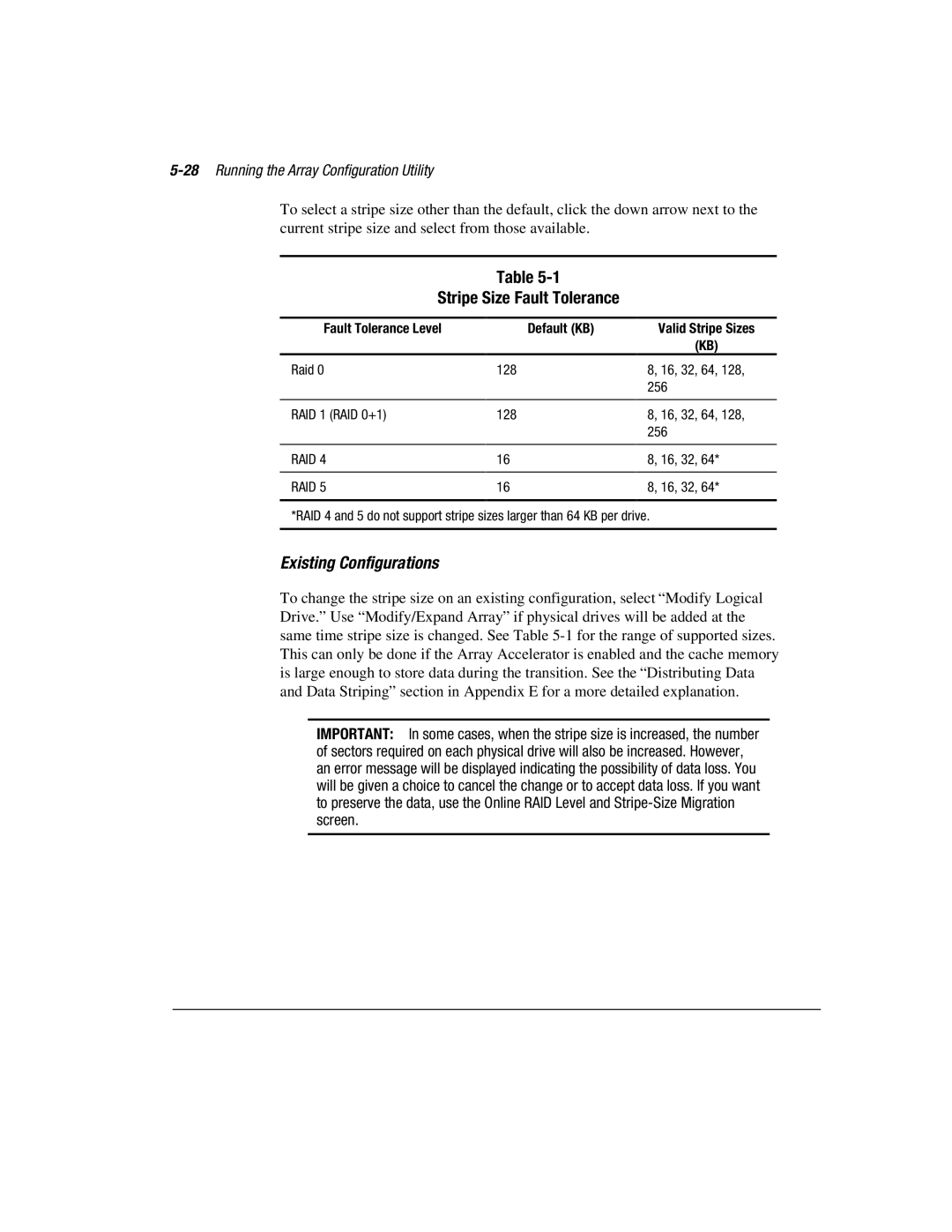 Compaq 3200 manual Stripe Size Fault Tolerance, Existing Configurations, 28Running the Array Configuration Utility 