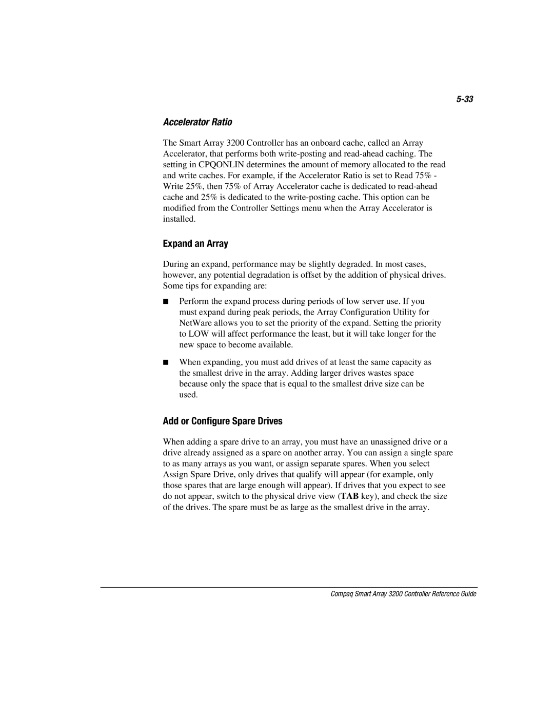 Compaq 3200 manual Accelerator Ratio, Expand an Array, Add or Configure Spare Drives 