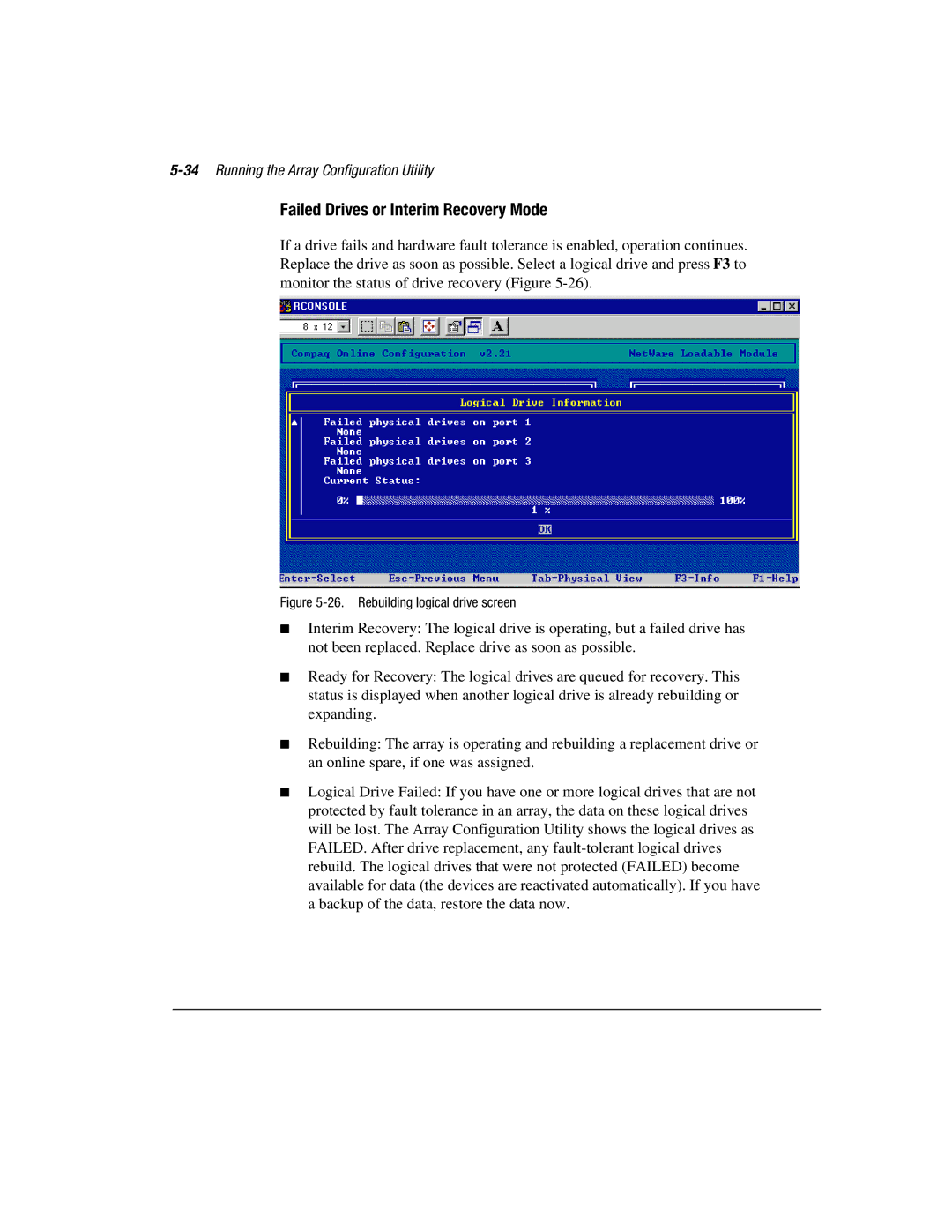 Compaq 3200 manual Failed Drives or Interim Recovery Mode, 34Running the Array Configuration Utility 