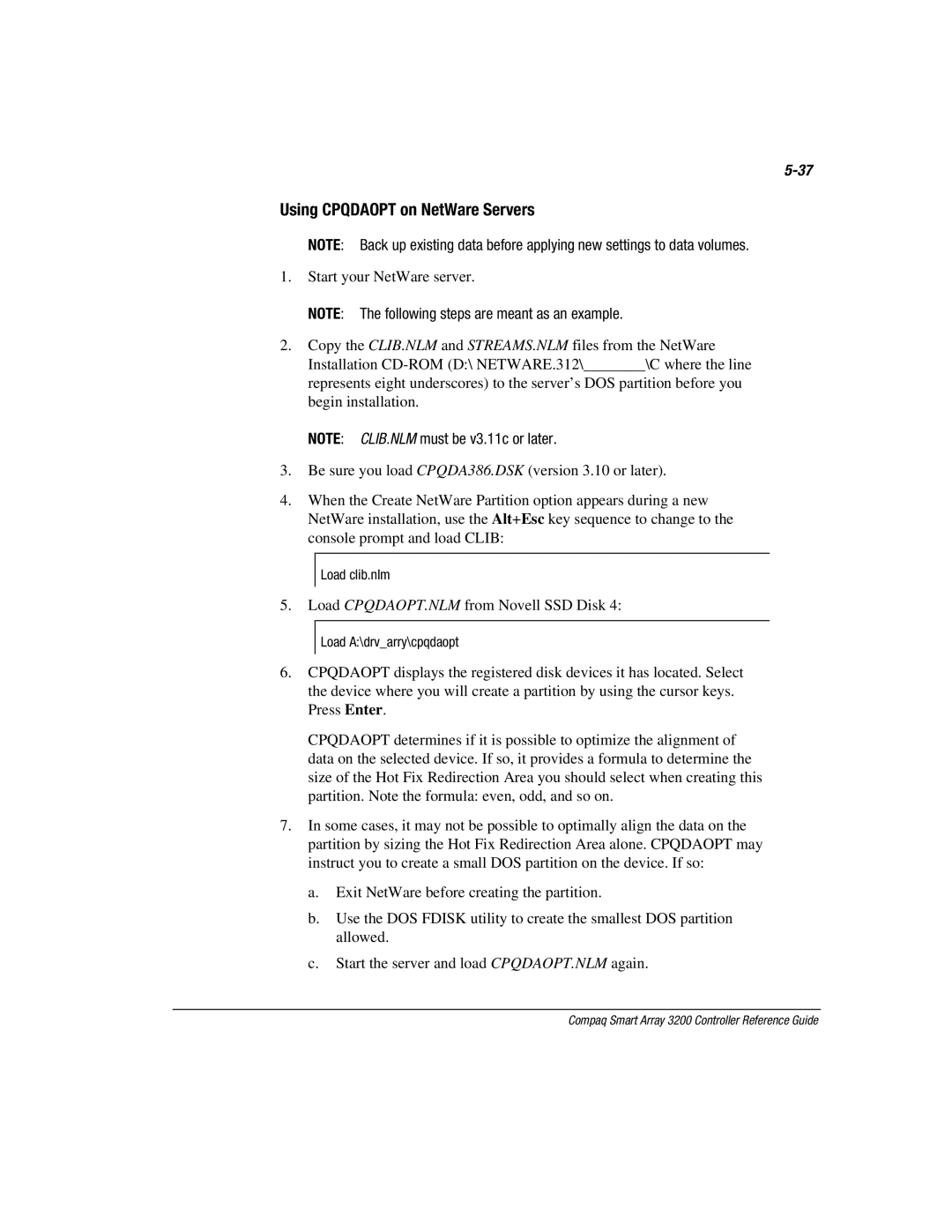 Compaq 3200 manual Using Cpqdaopt on NetWare Servers 