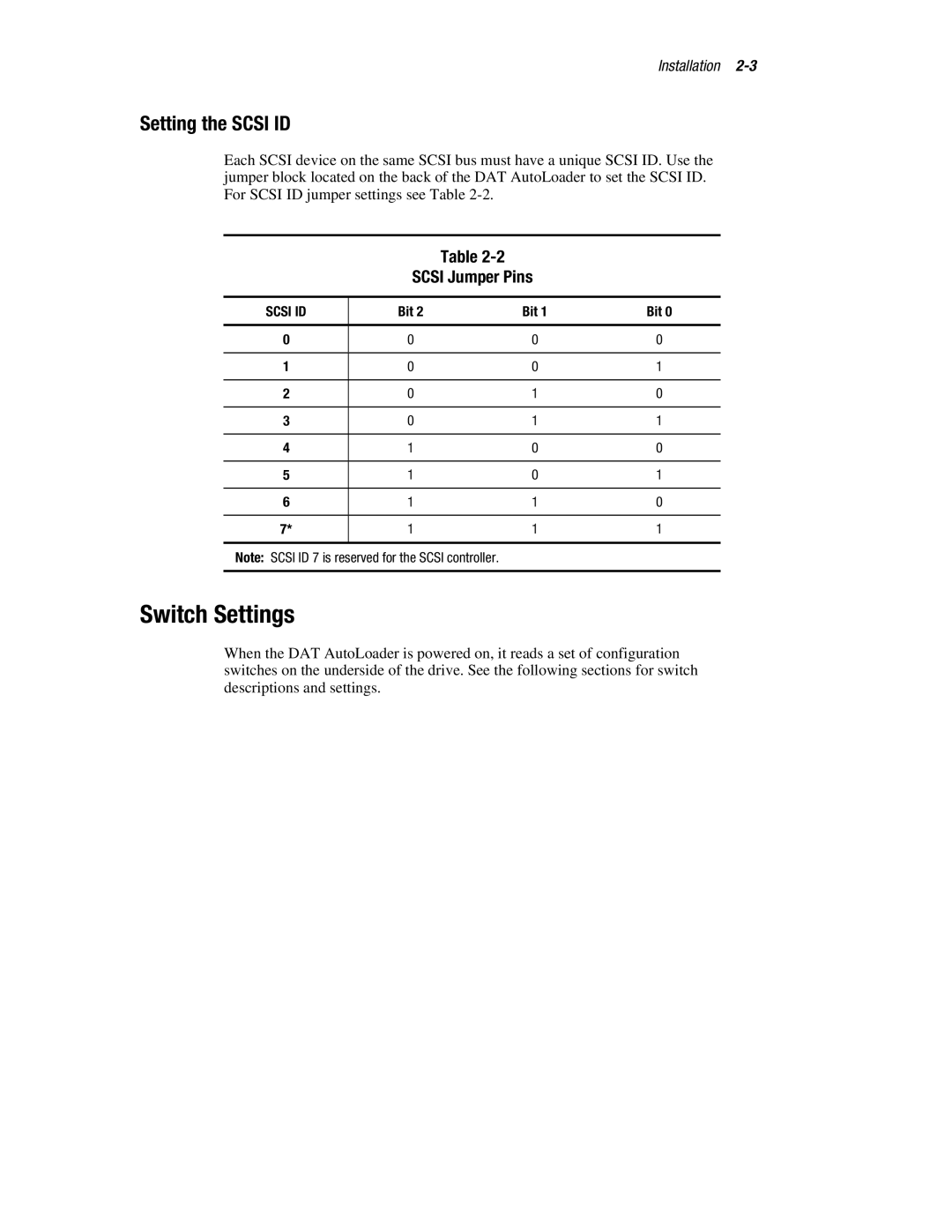 Compaq 326817-003 manual Switch Settings, Setting the Scsi ID, Scsi Jumper Pins, Bit 