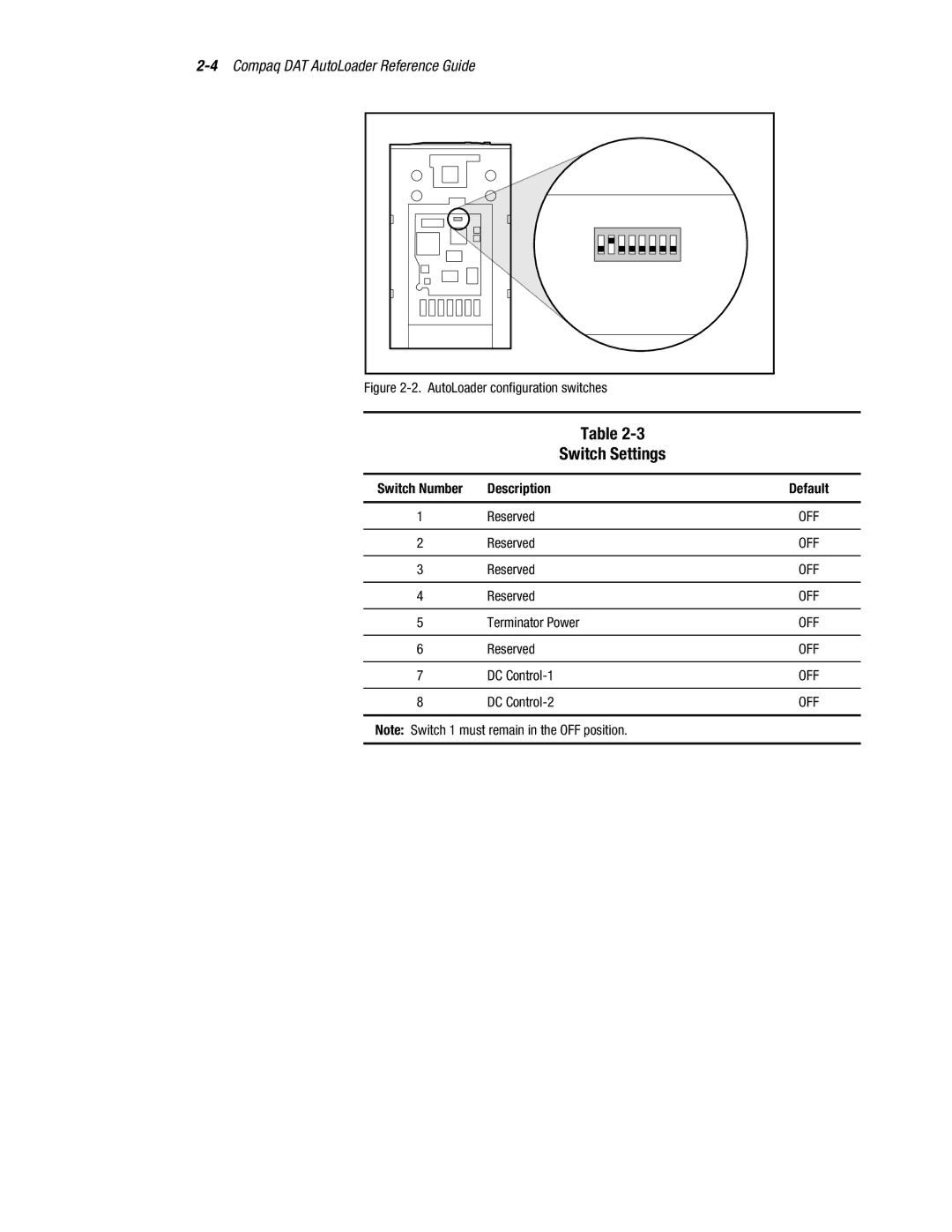 Compaq 326817-003 manual Switch Settings, AutoLoader configuration switches 