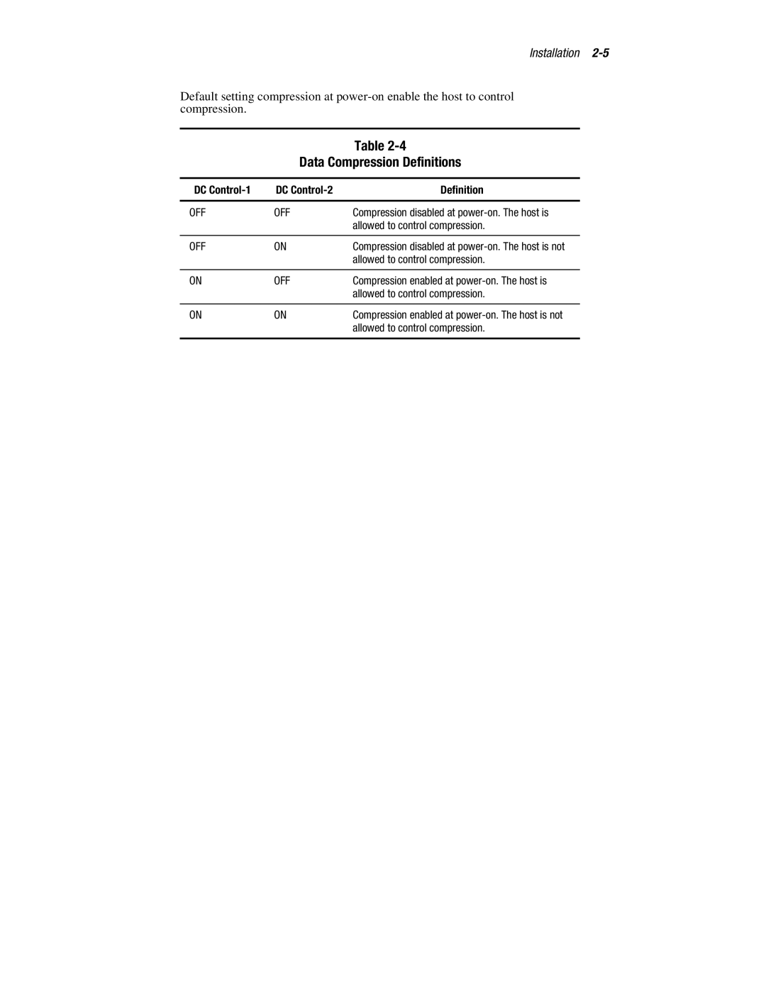 Compaq 326817-003 manual Data Compression Definitions, DC Control-1 DC Control-2 Definition 