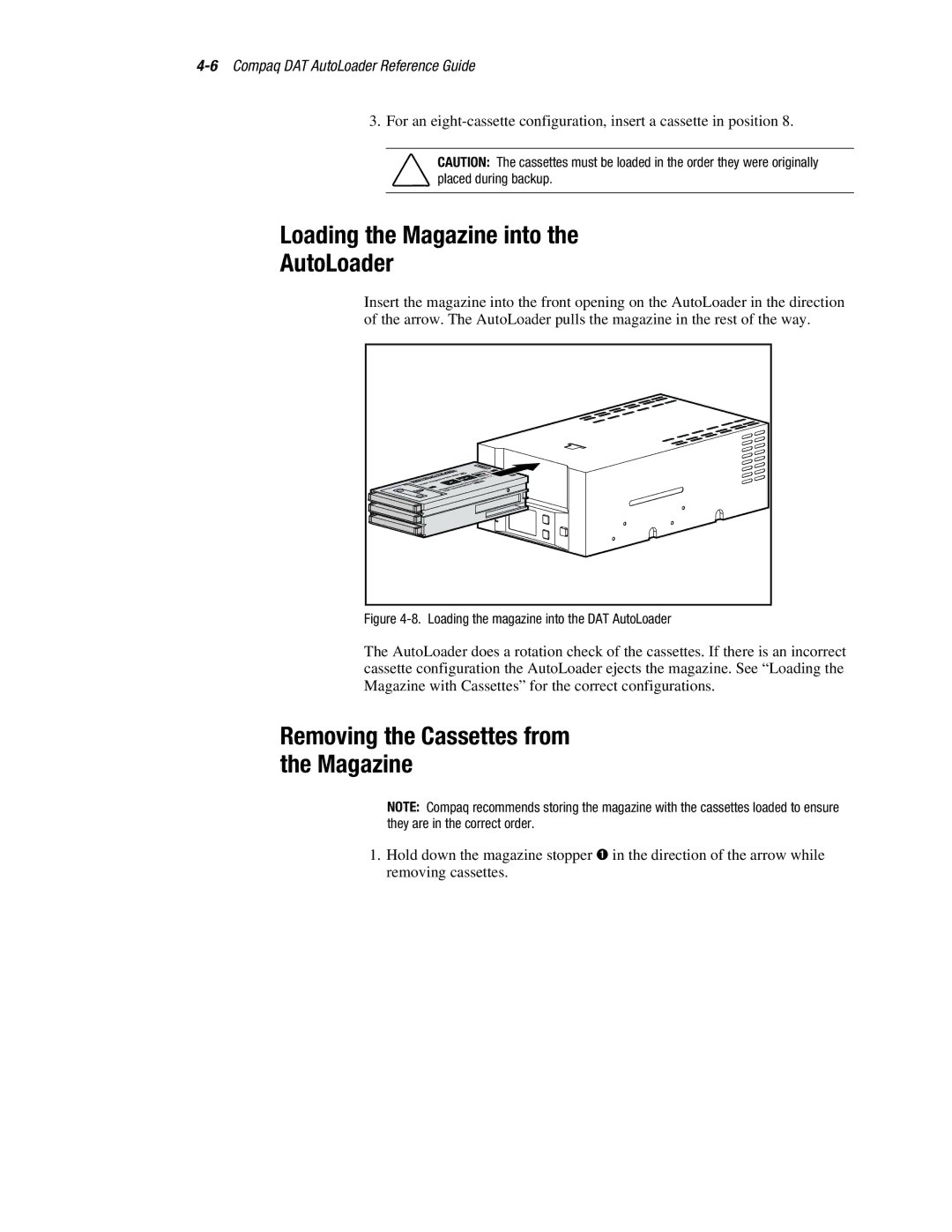 Compaq 326817-003 manual Loading the Magazine into AutoLoader, Removing the Cassettes from the Magazine 