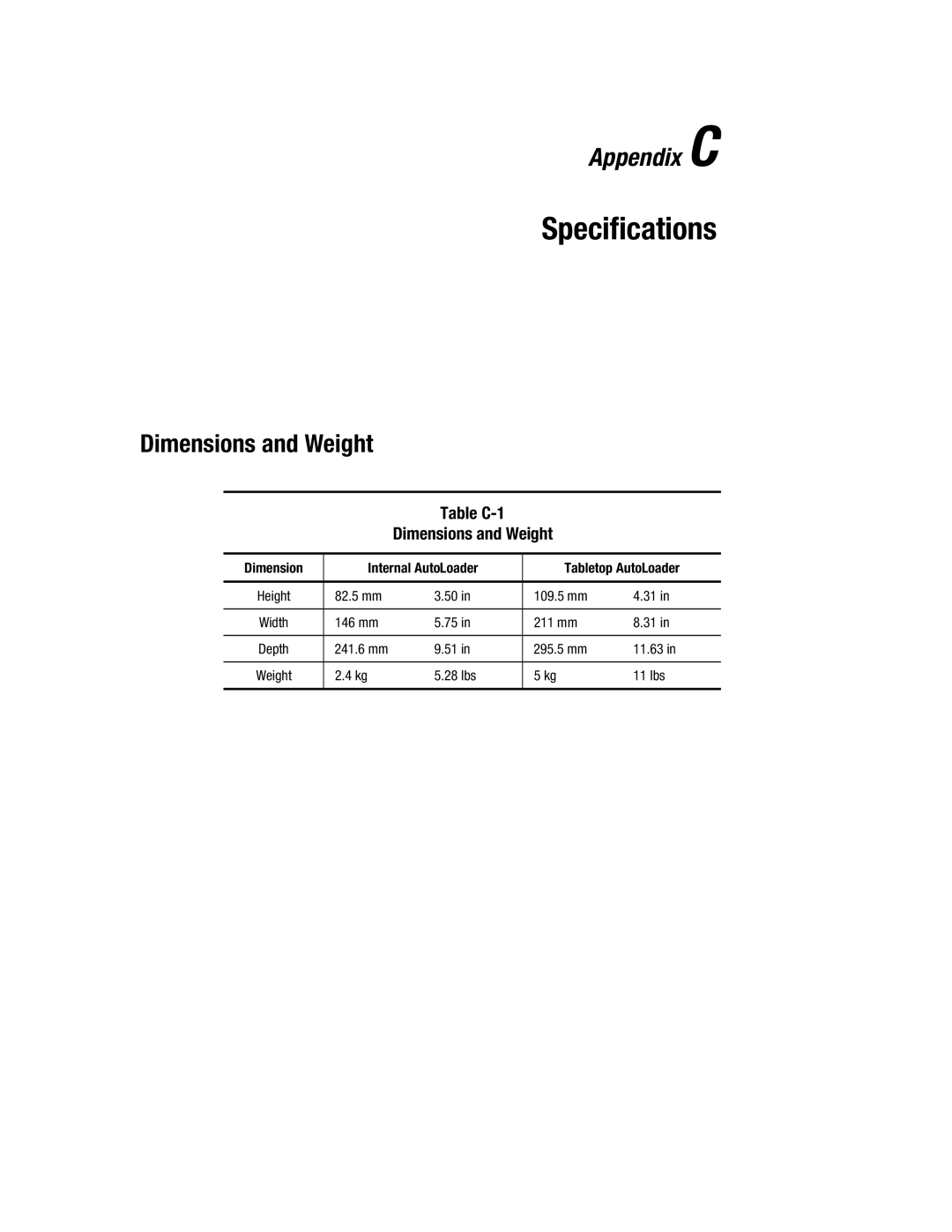 Compaq 326817-003 Specifications, Table C-1 Dimensions and Weight, Dimension Internal AutoLoader Tabletop AutoLoader 