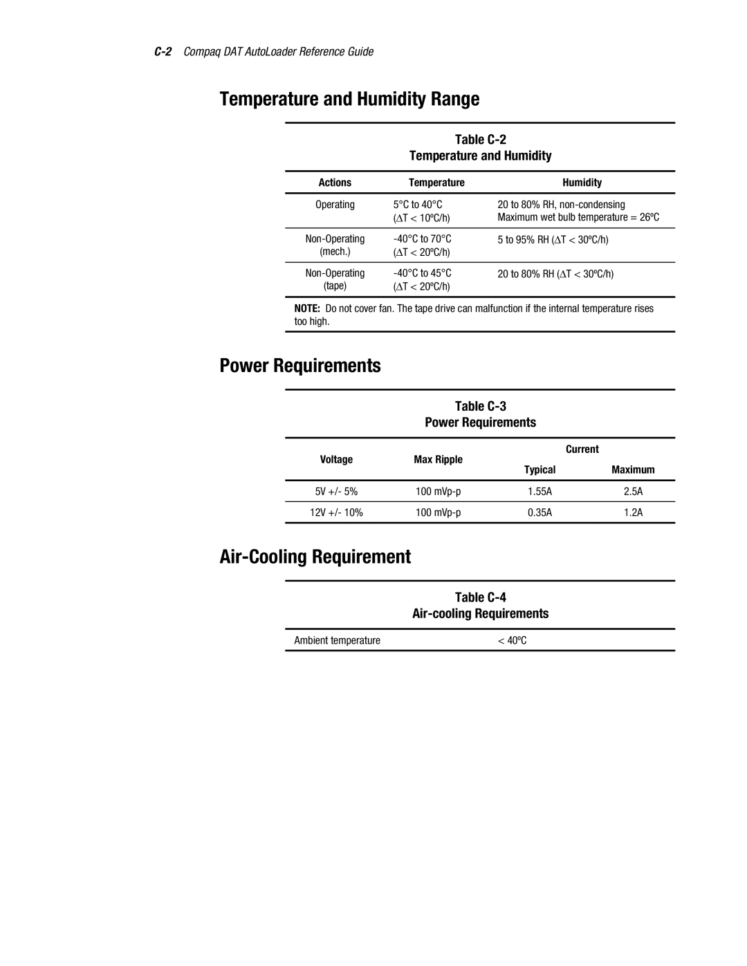 Compaq 326817-003 manual Temperature and Humidity Range, Power Requirements, Air-Cooling Requirement 