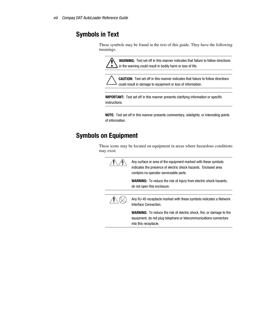 Compaq 326817-003 manual Symbols in Text, Symbols on Equipment 