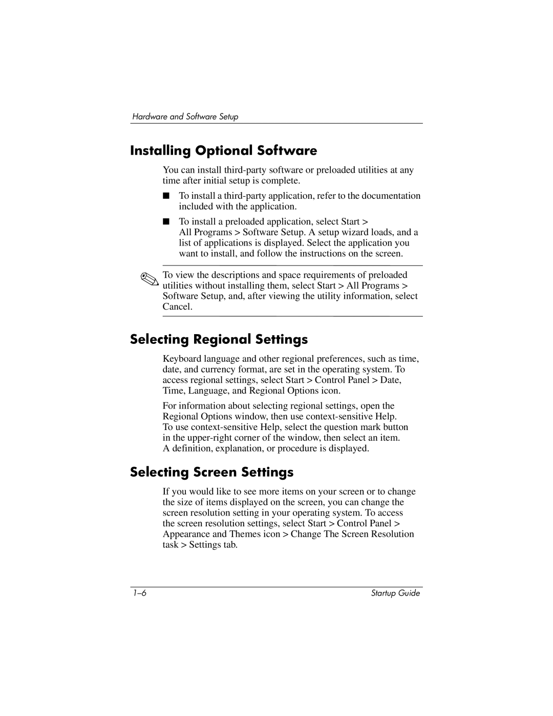 Compaq 335401-001 manual Installing Optional Software, Selecting Regional Settings, Selecting Screen Settings 