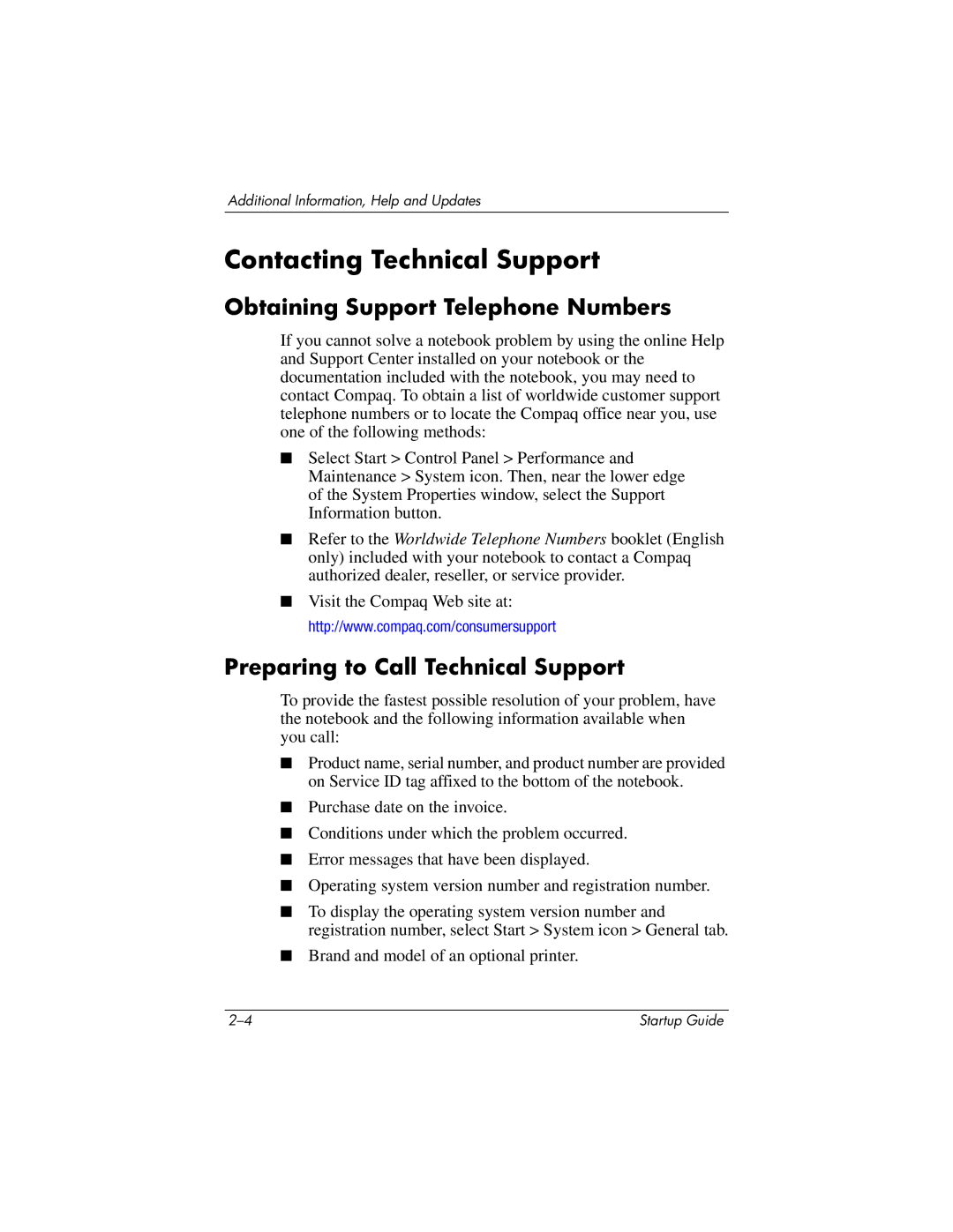 Compaq 335401-001 Contacting Technical Support, Obtaining Support Telephone Numbers, Preparing to Call Technical Support 