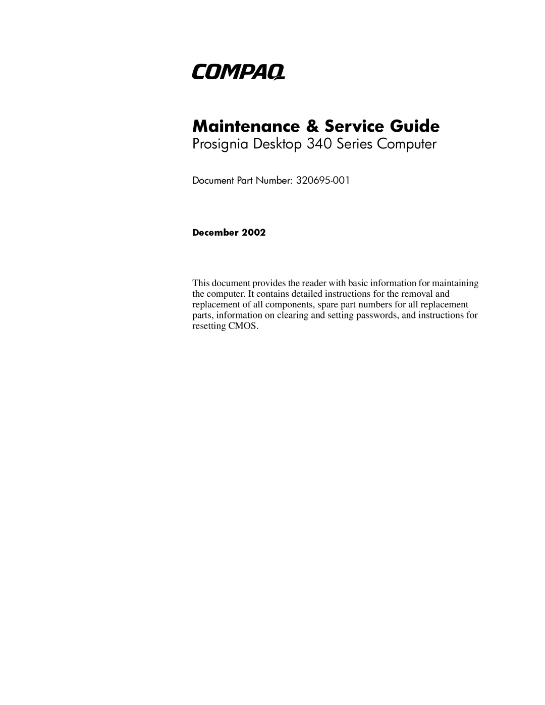 Compaq 340 Series manual Maintenance & Service Guide 