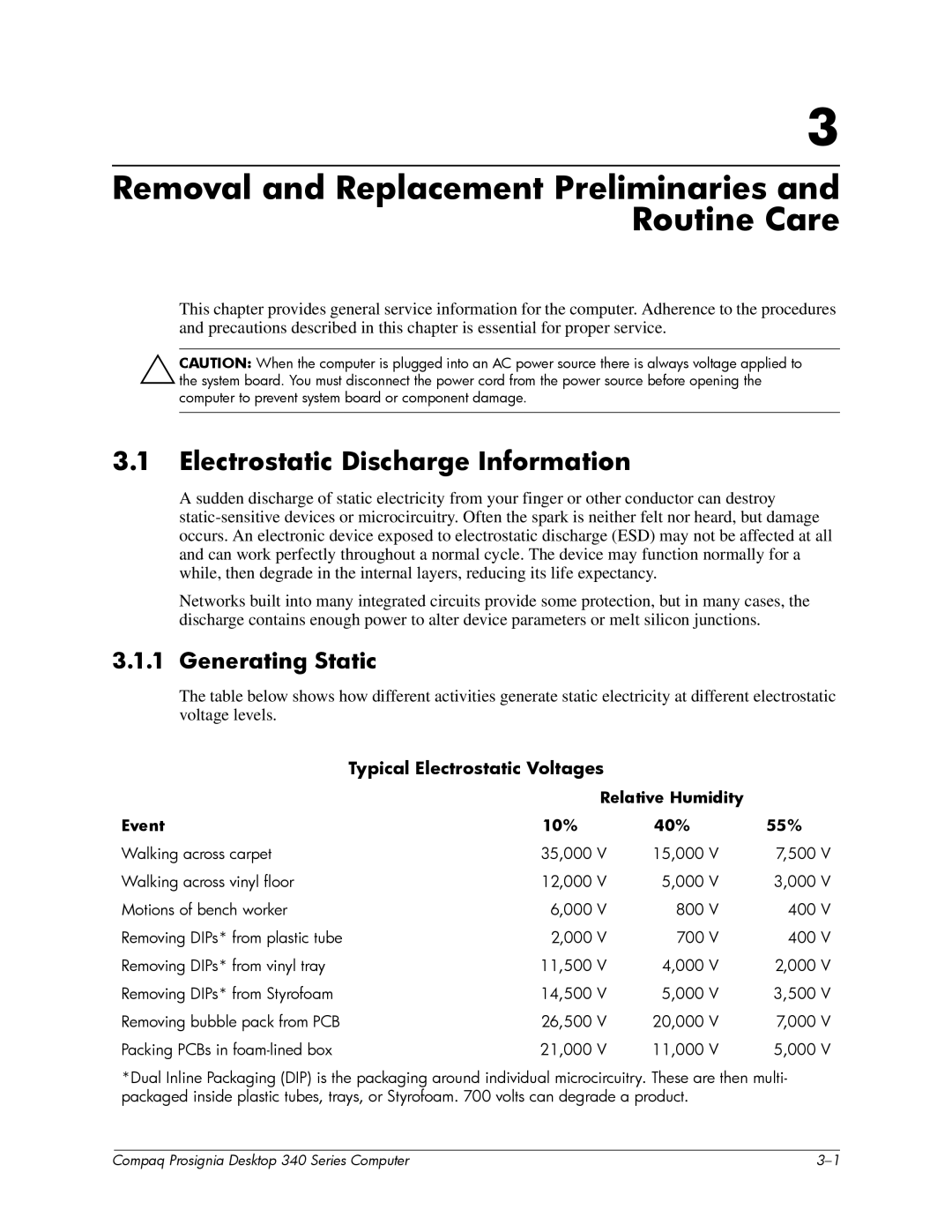 Compaq 340 Series manual Removal and Replacement Preliminaries and Routine Care, Electrostatic Discharge Information 