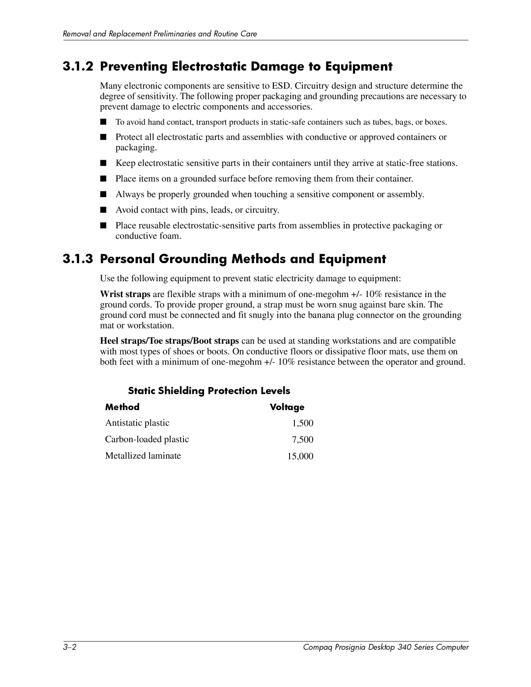 Compaq 340 Series manual Preventing Electrostatic Damage to Equipment, Personal Grounding Methods and Equipment 