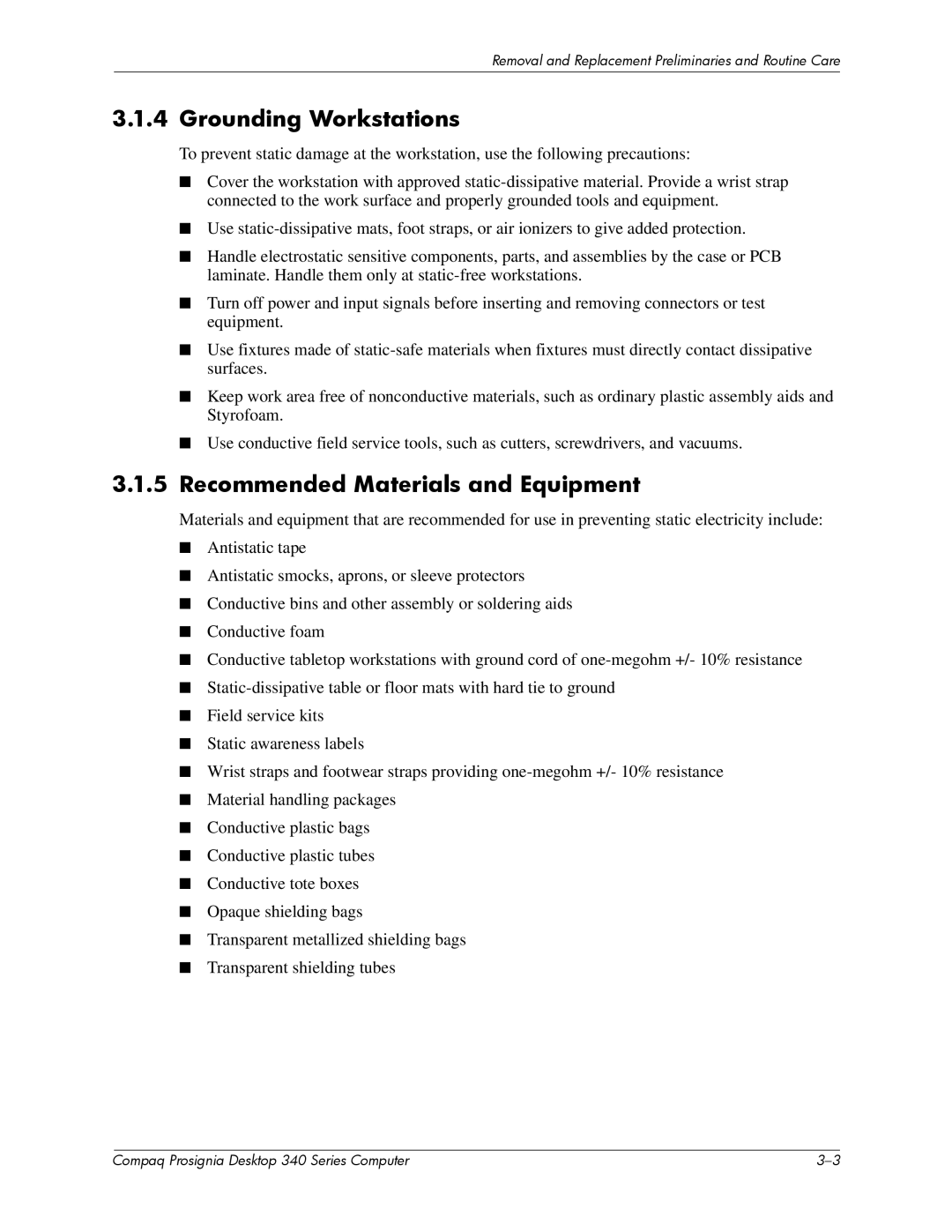 Compaq 340 Series manual Grounding Workstations, Recommended Materials and Equipment 