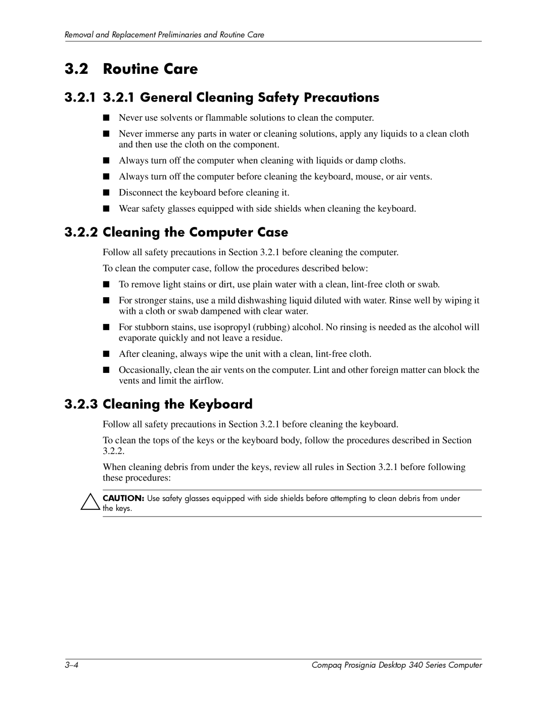 Compaq 340 Series manual Routine Care, 1 3.2.1 General Cleaning Safety Precautions, Cleaning the Computer Case 