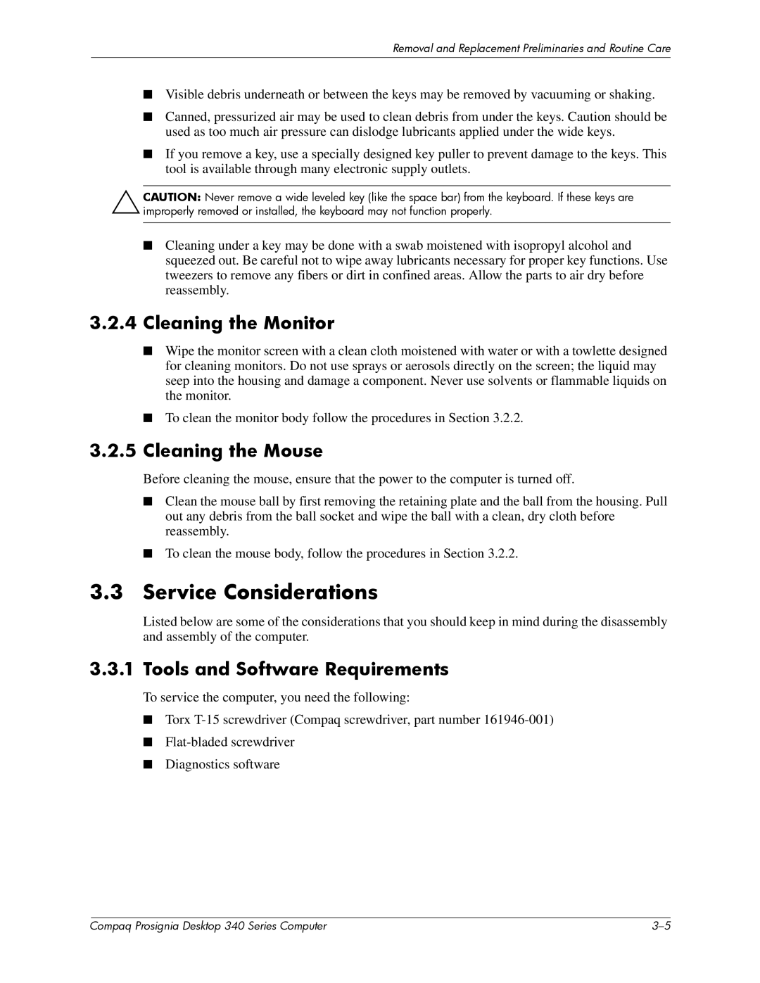 Compaq 340 Series manual Service Considerations, Cleaning the Monitor, Cleaning the Mouse, Tools and Software Requirements 