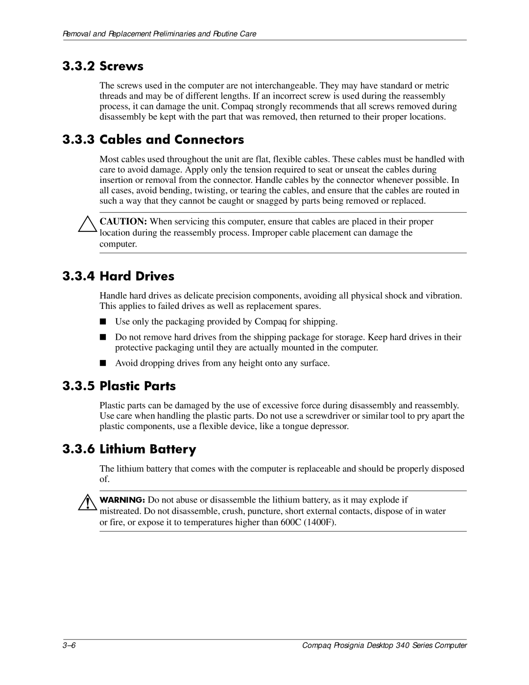 Compaq 340 Series manual Screws, Cables and Connectors, Hard Drives, Plastic Parts, Lithium Battery 