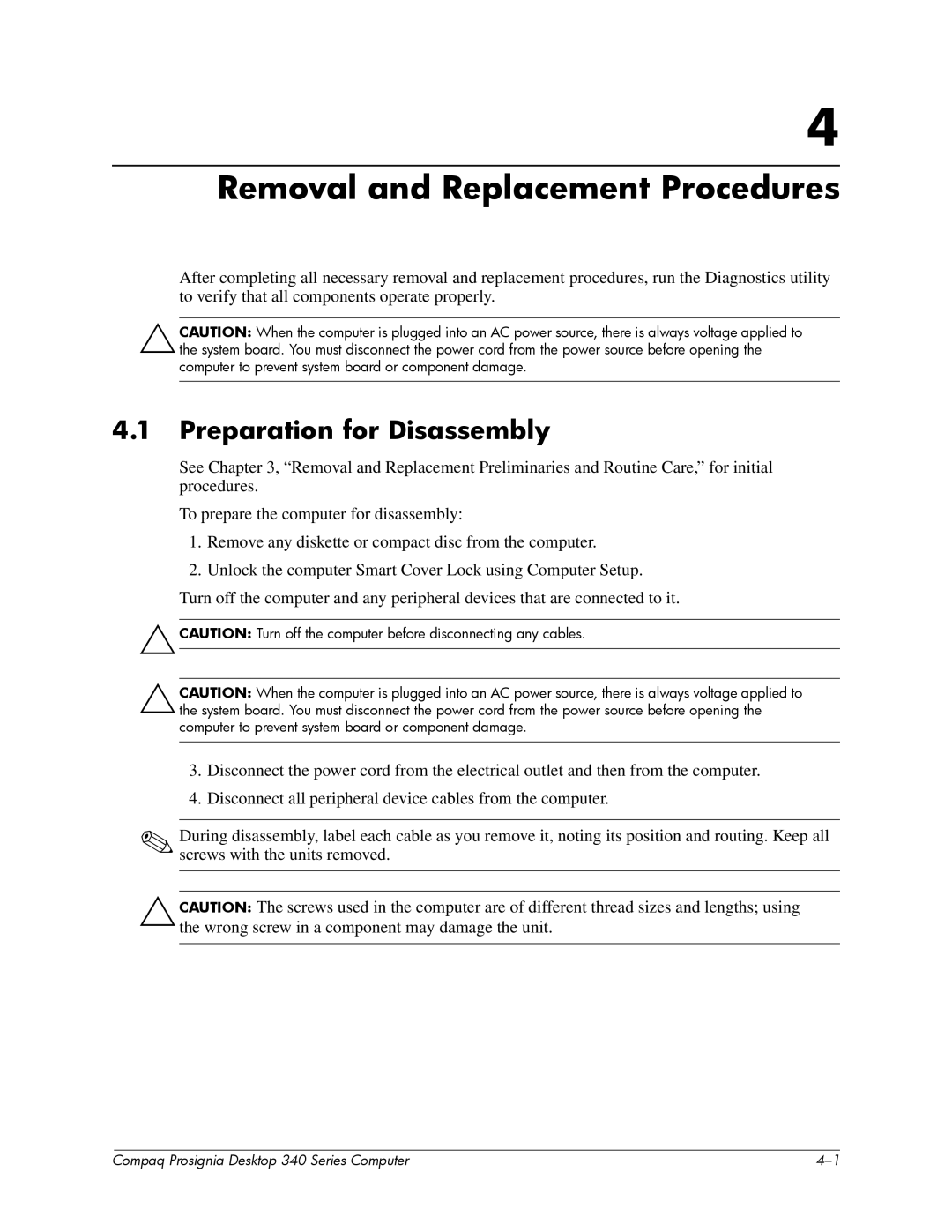 Compaq 340 Series manual Removal and Replacement Procedures, Preparation for Disassembly 