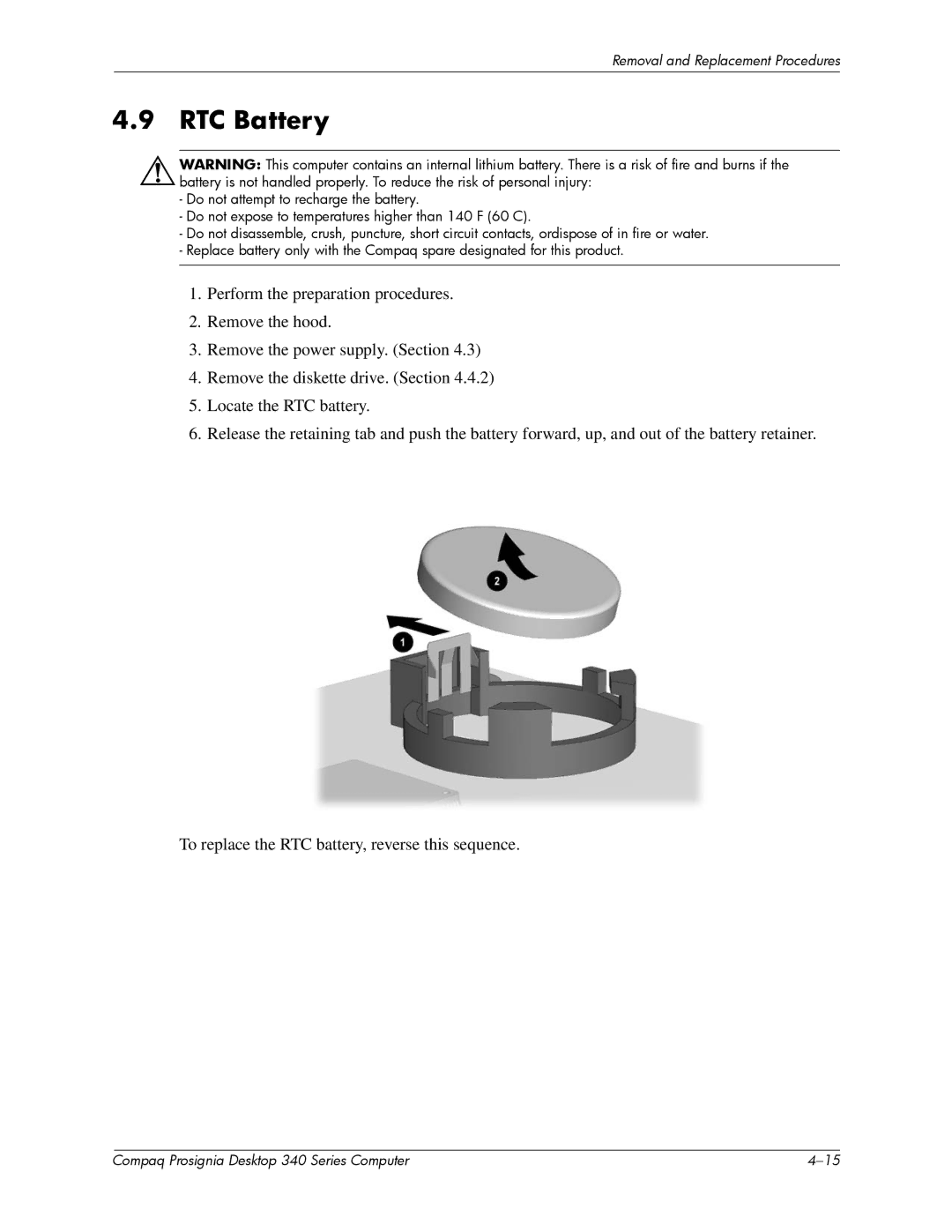 Compaq 340 Series manual RTC Battery 