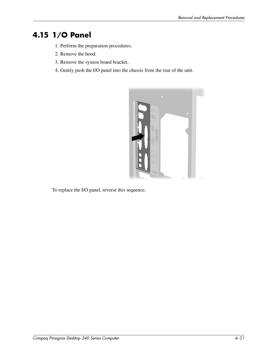 Compaq 340 Series manual 15 1/O Panel 