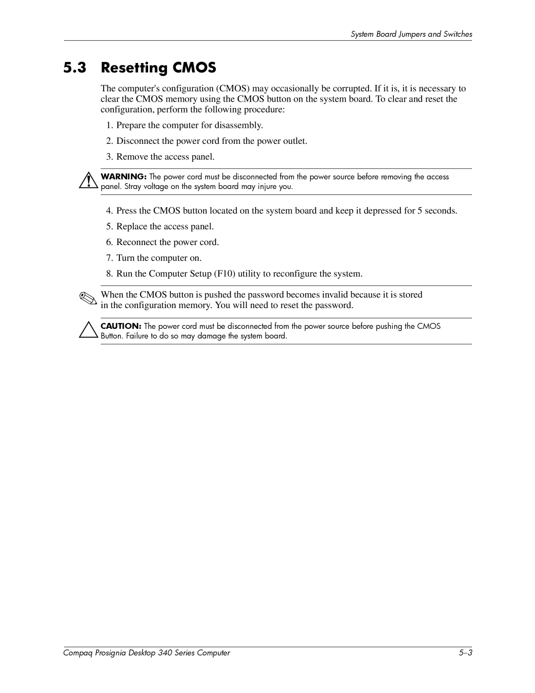 Compaq 340 Series manual Resetting Cmos 