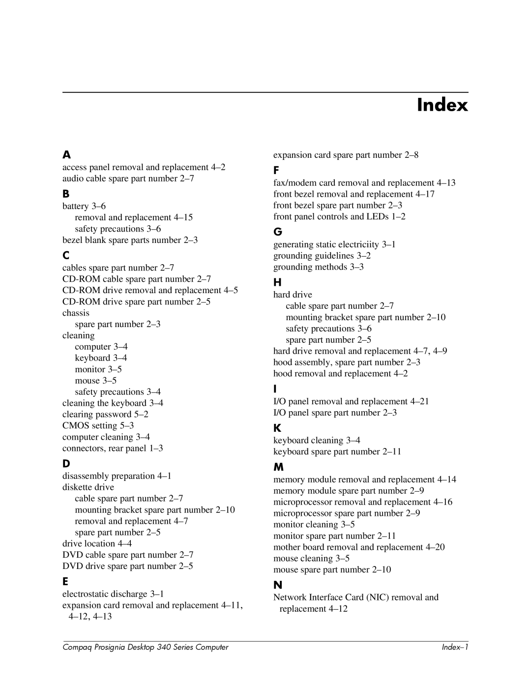 Compaq 340 Series manual Index 