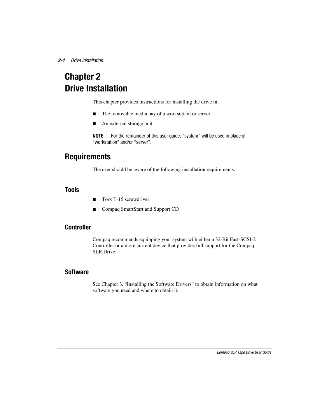 Compaq 340622-002 manual Chapter Drive Installation, Requirements, Tools, Controller, Software 