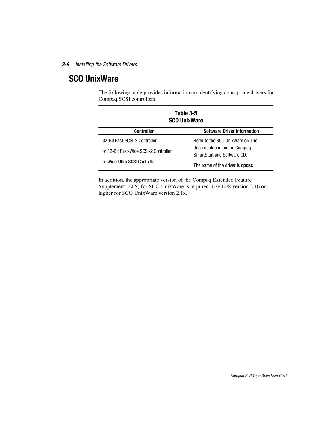 Compaq 340622-002 manual SCO UnixWare, 9Installing the Software Drivers 