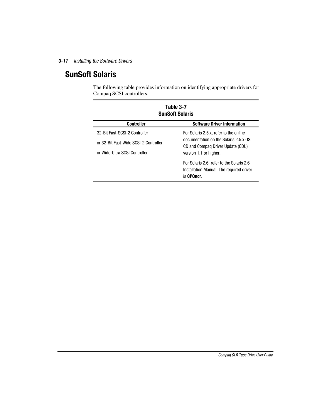 Compaq 340622-002 manual SunSoft Solaris, 11Installing the Software Drivers 