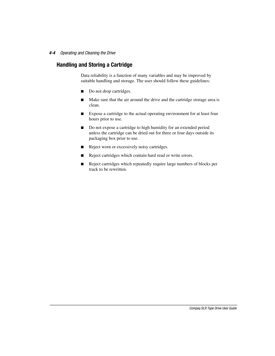 Compaq 340622-002 manual Handling and Storing a Cartridge, 4Operating and Cleaning the Drive 