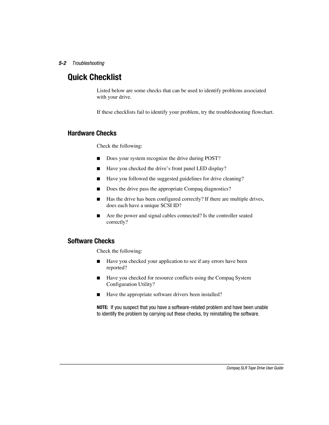 Compaq 340622-002 manual Quick Checklist, Hardware Checks, Software Checks, 2Troubleshooting 