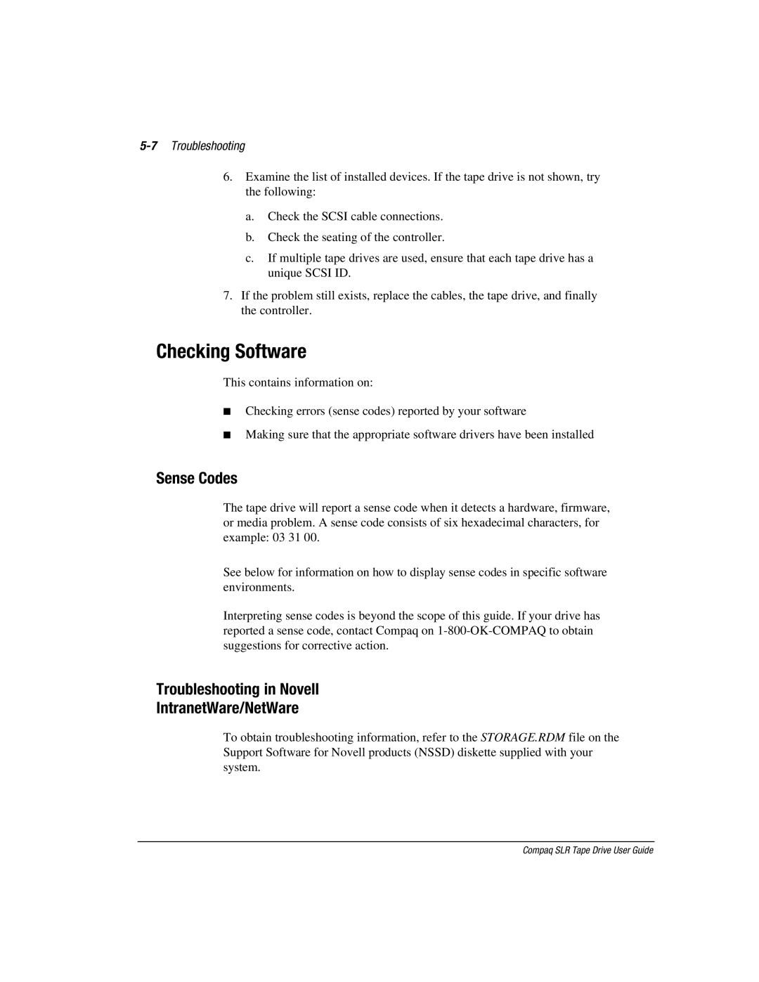 Compaq 340622-002 manual Checking Software, Sense Codes, Troubleshooting in Novell IntranetWare/NetWare, 7Troubleshooting 