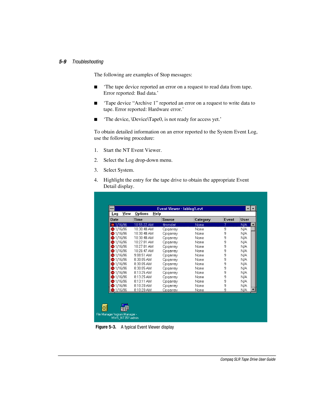 Compaq 340622-002 manual 9Troubleshooting, A typical Event Viewer display 