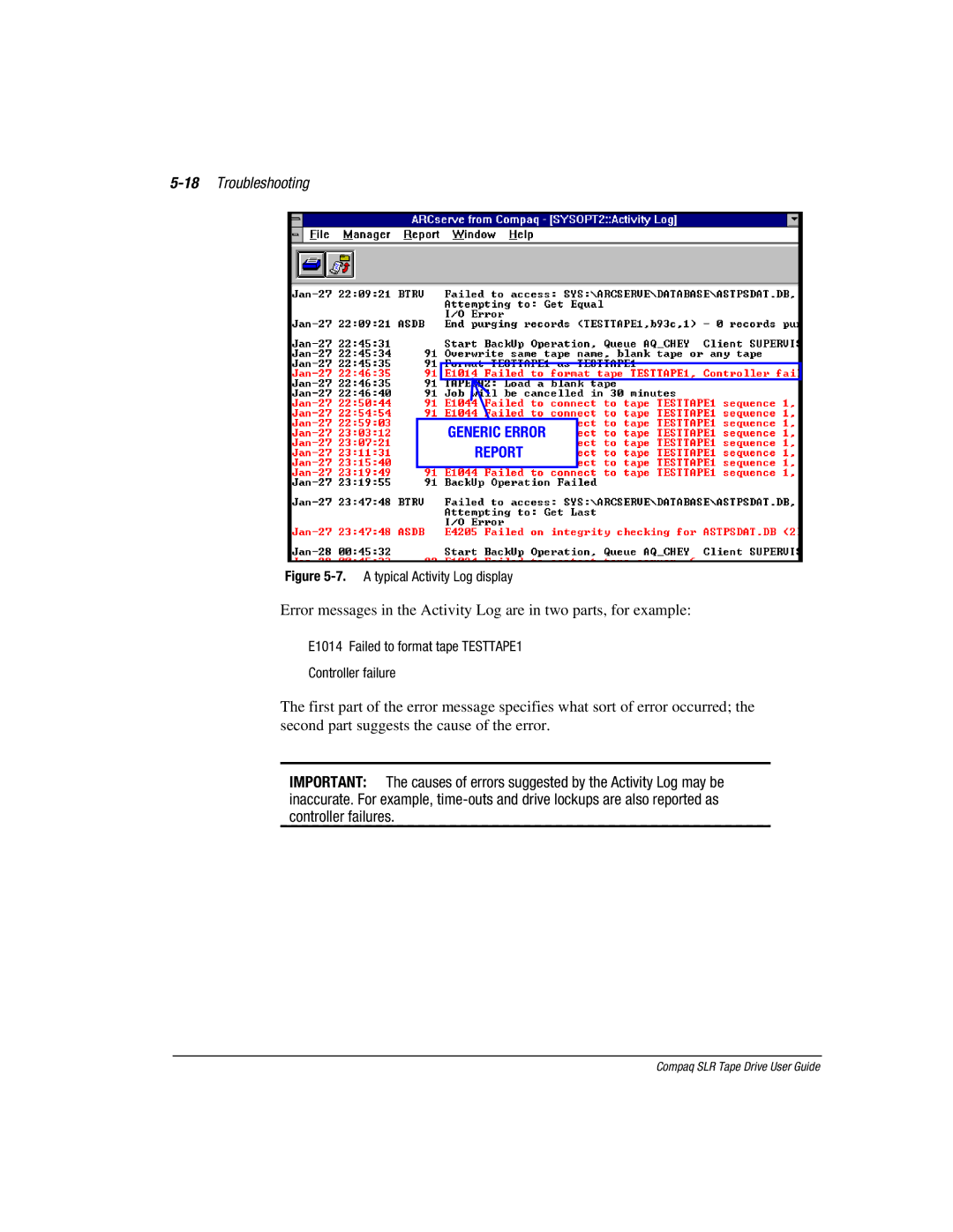 Compaq 340622-002 manual 18Troubleshooting, Generic Error Report 