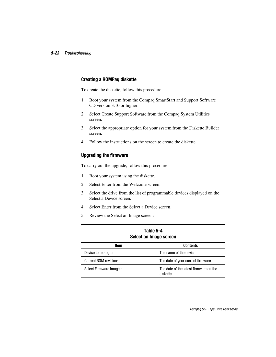 Compaq 340622-002 manual Creating a ROMPaq diskette, Upgrading the firmware, Select an Image screen, 23Troubleshooting 