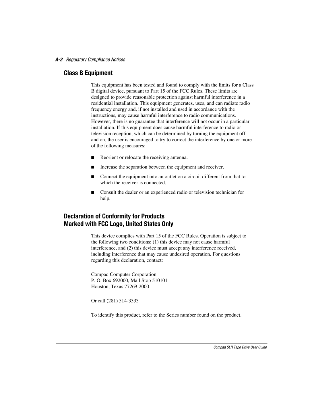 Compaq 340622-002 manual Class B Equipment, 2Regulatory Compliance Notices 