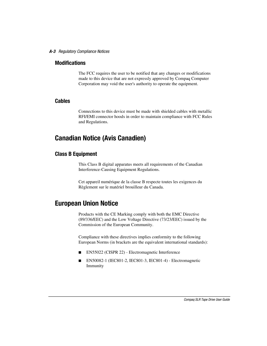 Compaq 340622-002 manual Canadian Notice Avis Canadien, European Union Notice, Modifications, Cables 