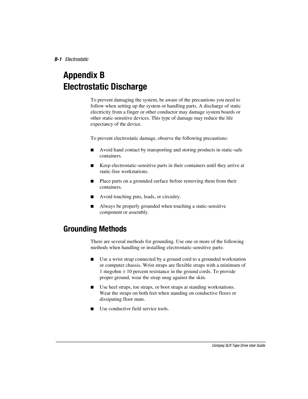 Compaq 340622-002 manual Appendix B Electrostatic Discharge, Grounding Methods, 1Electrostatic 