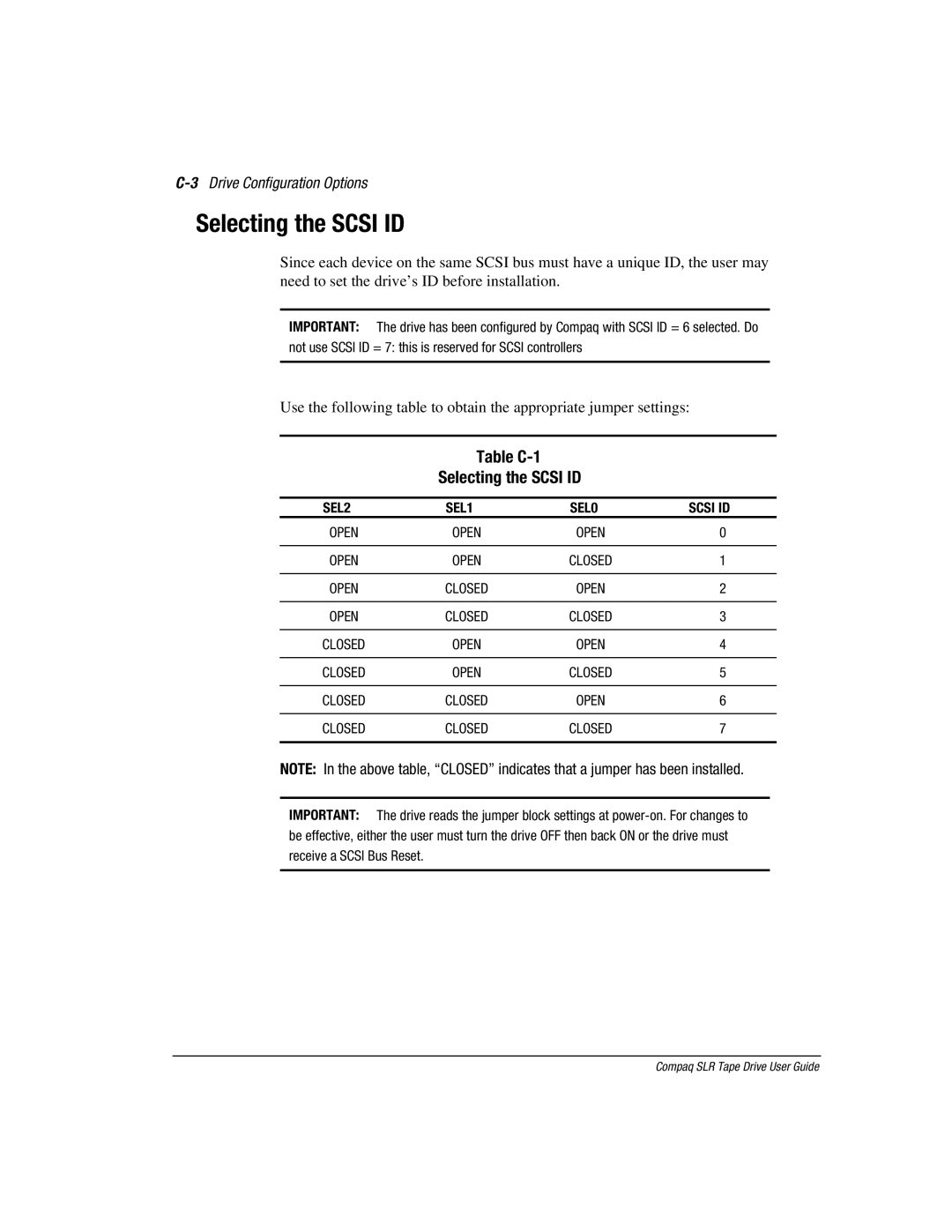 Compaq 340622-002 manual Table C-1 Selecting the Scsi ID, 3Drive Configuration Options 