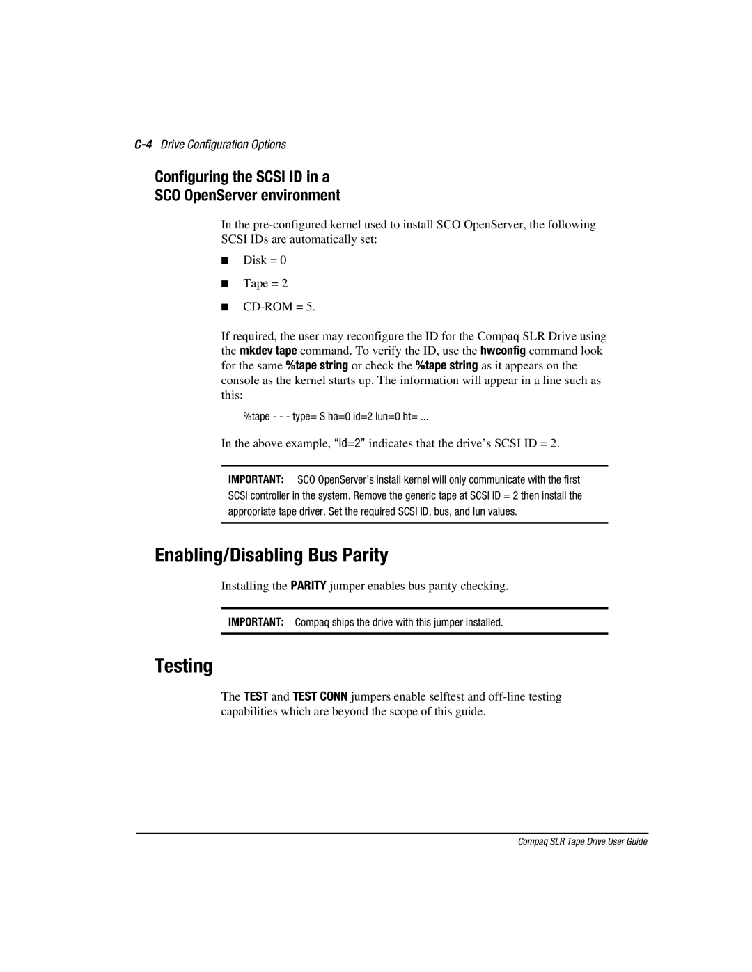 Compaq 340622-002 manual Enabling/Disabling Bus Parity, Testing, Configuring the Scsi ID in a SCO OpenServer environment 