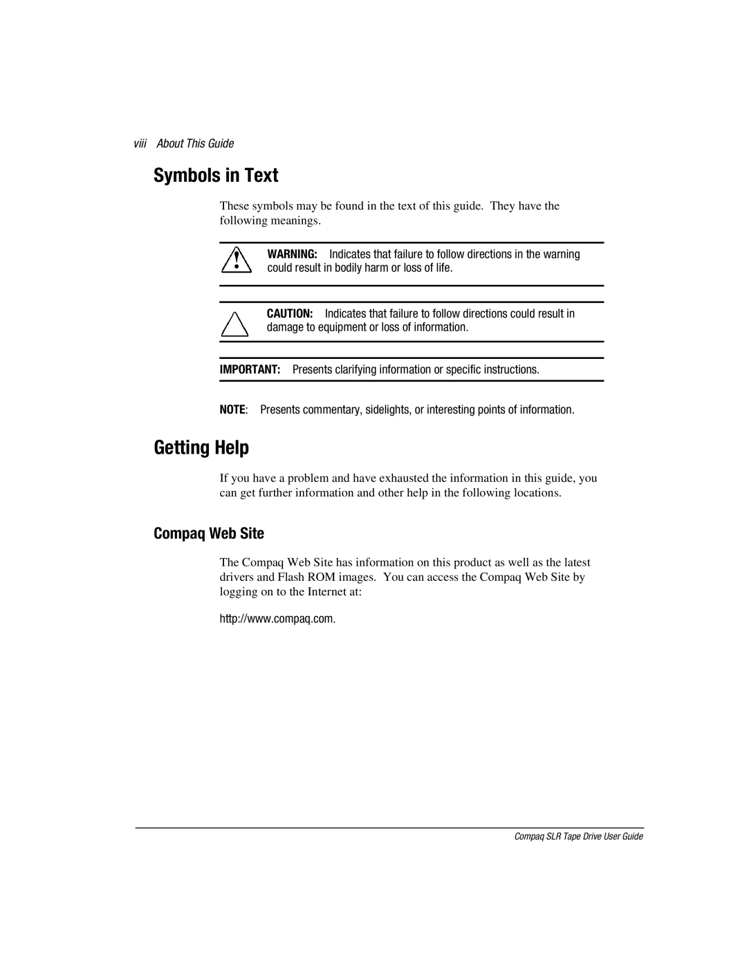 Compaq 340622-002 manual Symbols in Text, Getting Help, Compaq Web Site, Viii About This Guide 