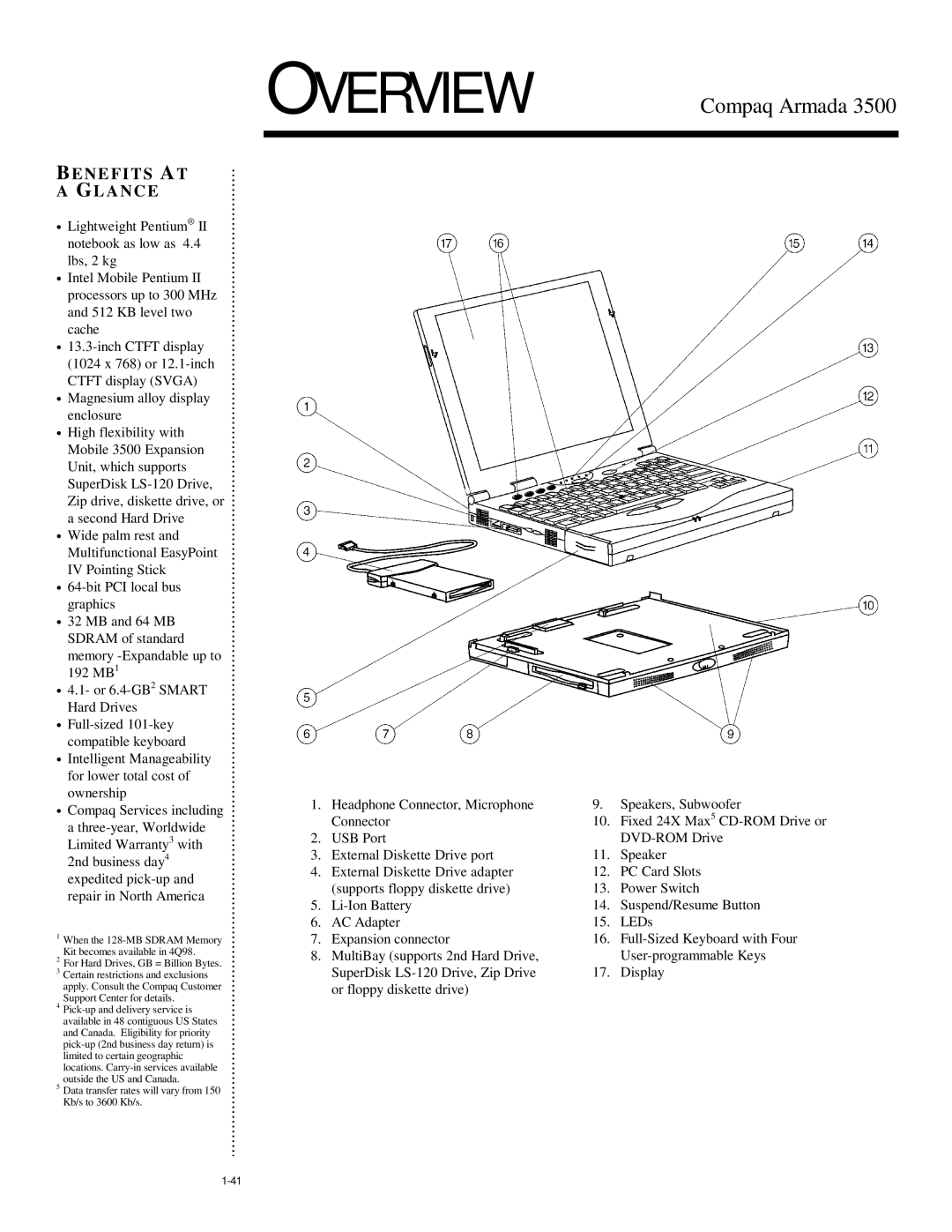 Compaq 3500 warranty Overview, Benefits a T GL a N C E, SuperDisk LS-120 Drive, Zip drive, diskette drive, or 