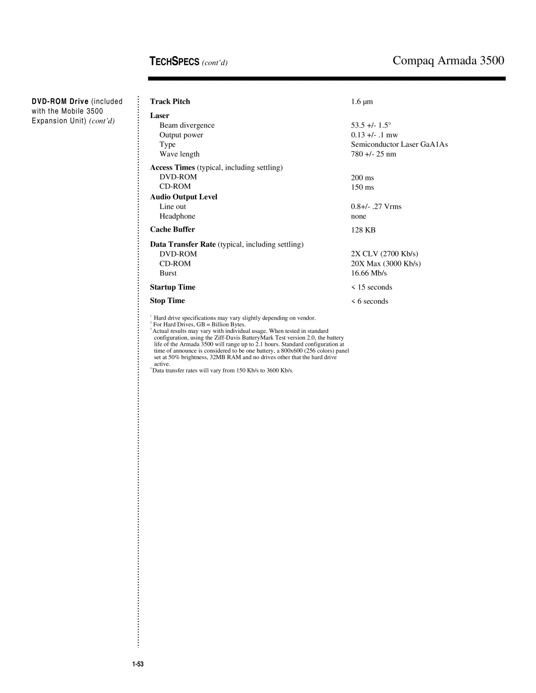 Compaq 3500 warranty Audio Output Level, Startup Time 